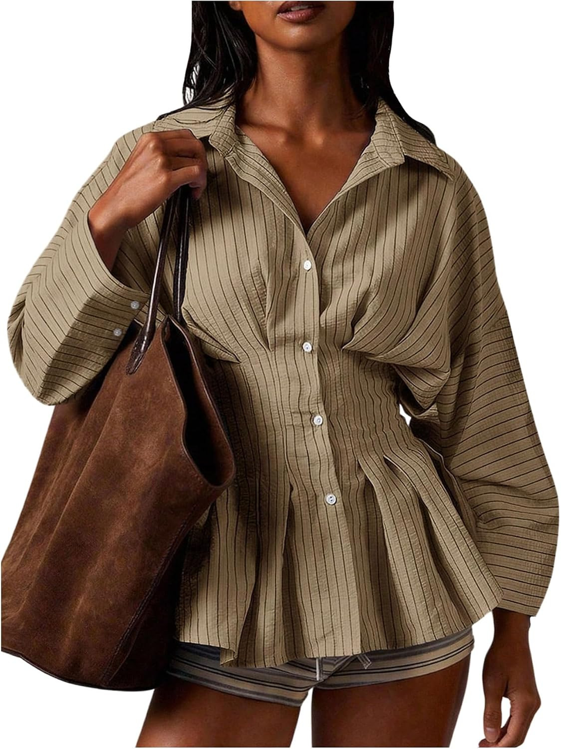 RoseSeek Women's Cinched Waist Peplum Striped Button Down Collared Shirts | Amazon (US)