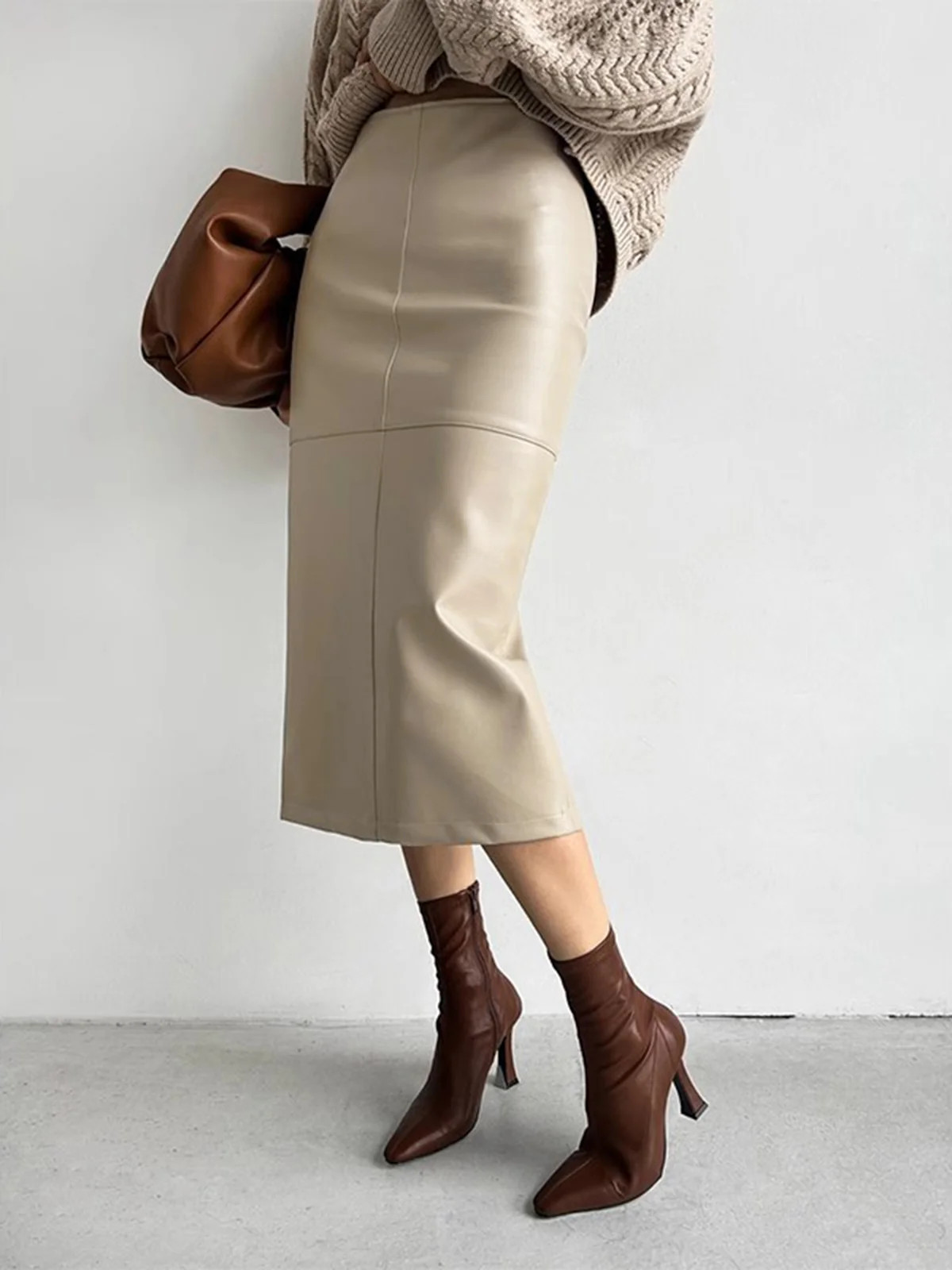 Faux Leather Piping Sit Midi Skirt | Commense