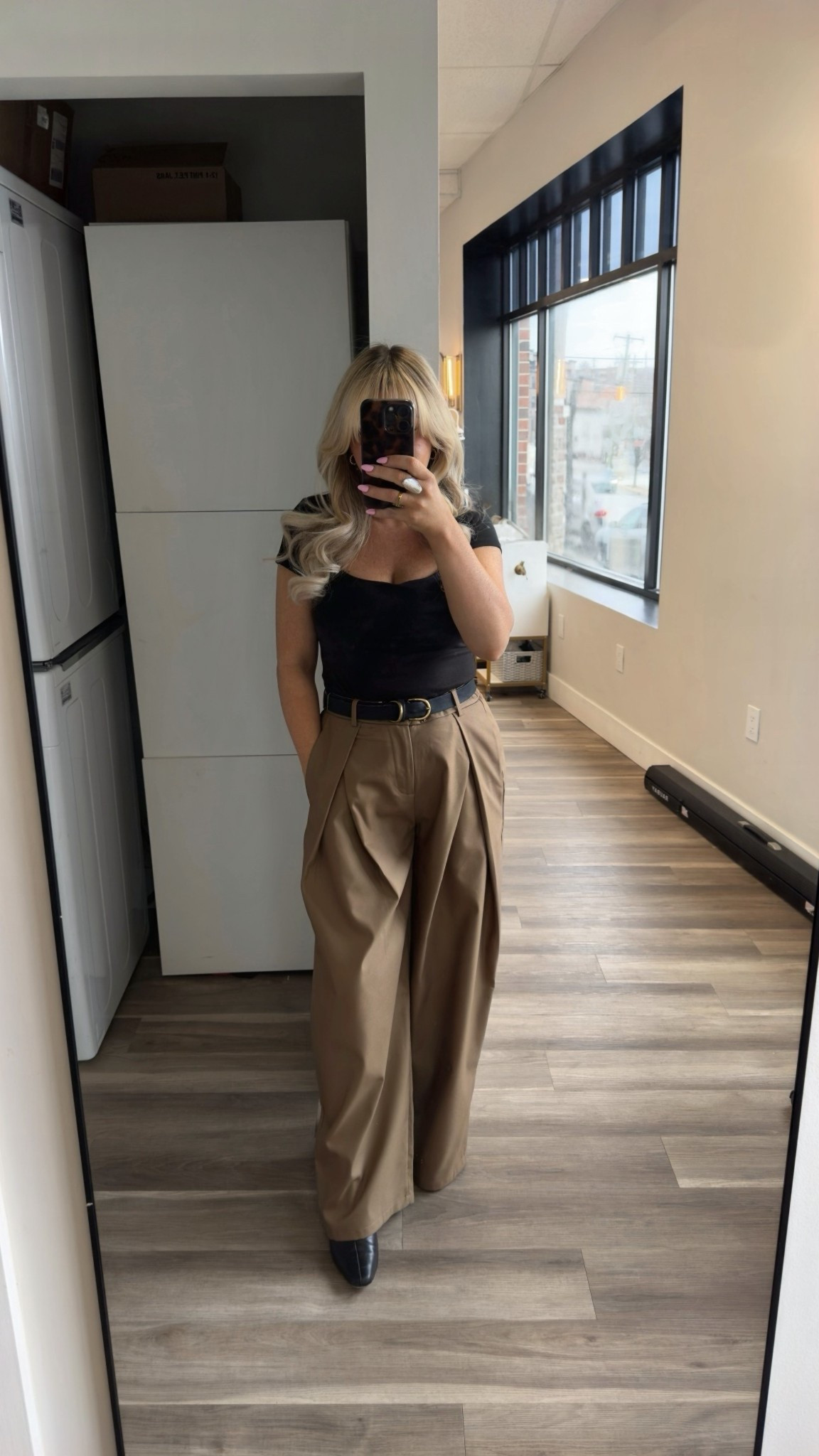 Black square neck top size small 
Tan pleated tan pants size medium 
Belt 
Black kitten heeled booties size 7

#LTKgrwm #LTKootd #LTKWorkwear