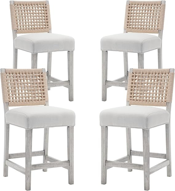 Woven Rope Back Bar Stools Set of 4 Armless Counter Height Stools Wooden Farmhouse Barstools for ... | Amazon (US)