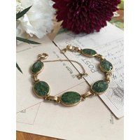 Vintage Gold & Green Stone Bracelet, Agate Jade Oval Links Retro Style 1970S Gold Filled Fashion Vin | Etsy (US)