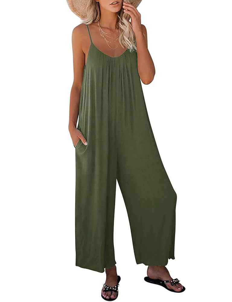 Womens Casual Loose Sleeveless Bohemian Beach Jumpsuits Spaghetti Strap Wide Leg Rompers with Poc... | Amazon (US)