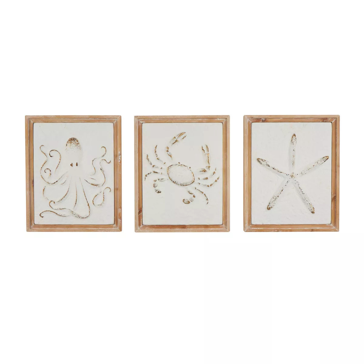 Set of 3 Metal Sea Life Wall Decors with Wooden Frame and Gold Accents - Olivia & May: Coastal St... | Target