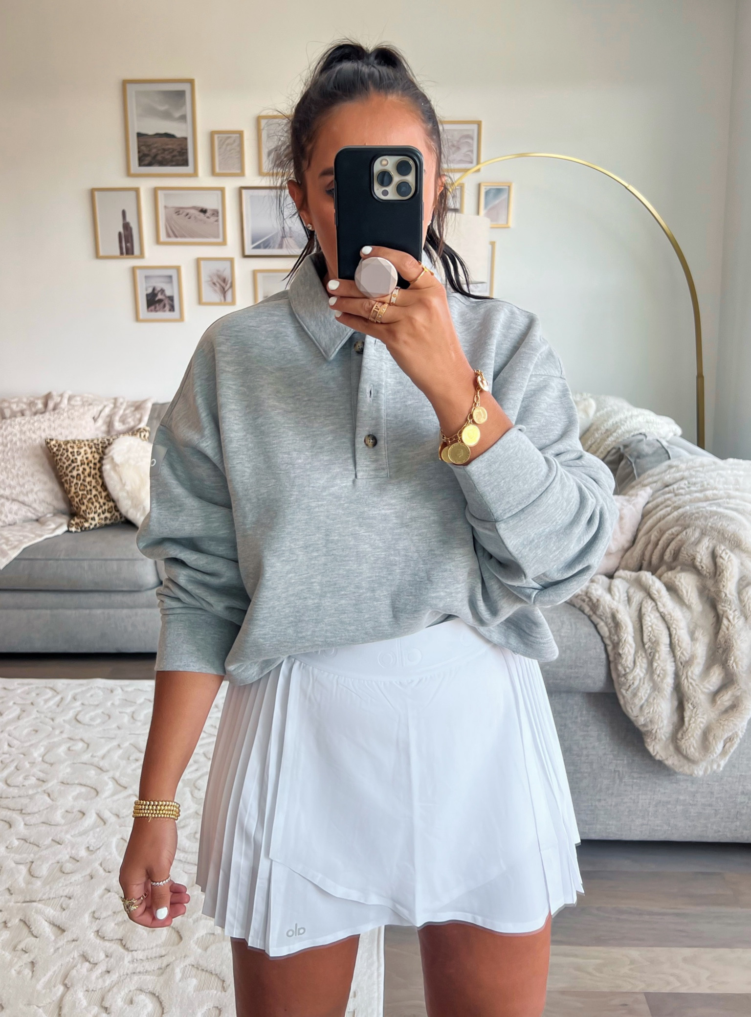 Alo yoga white tennis skirt wearing size medium. Alo polo Henley pullover in gray wearing size small