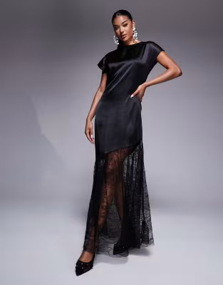 ASOS DESIGN satin and lace mix maxi t shirt dress in black | ASOS (Global)