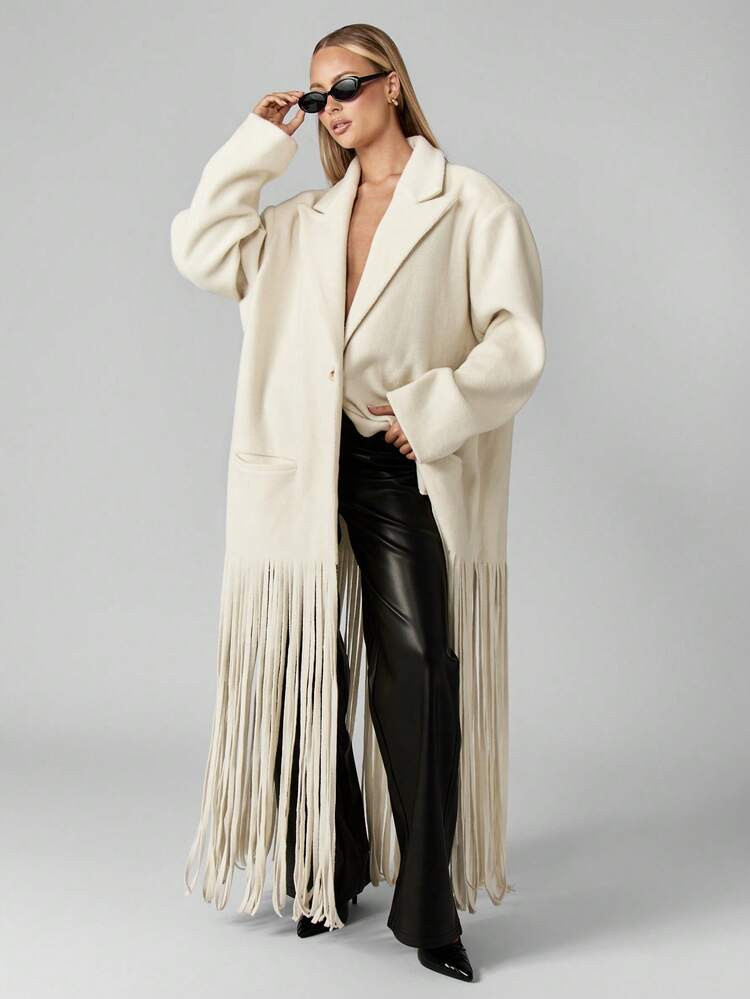 MISSGUIDED Women Oversized Winter Coat Midi Length Fringe Detail Maxi Coat Elegant Evening Statement Long Overcoat Luxury Wool Blend Fashion Forward Fall Winter Christmas Collection | SHEIN