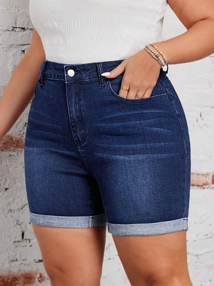 EMERY ROSE Women's Plus Size Roll-Up Casual Denim Shorts With Pockets | SHEIN