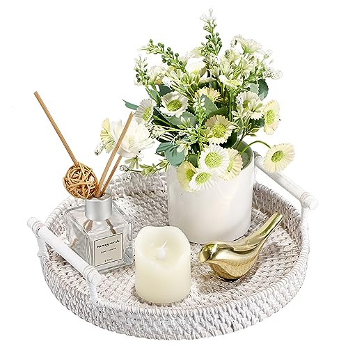 Hipiwe Round Rattan Basket Tray Wicker Basket Tray with Wooden Handles 9.6" Hand Hand-Woven Decorative Tray Basket Serving Tray Ottoman Trays for Coffee Table Home Decor | Amazon (US)