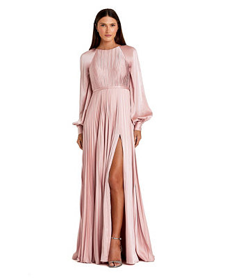 Women's Pleated High Neck Raglan Long Sleeve Side Slit Gown | Macy's