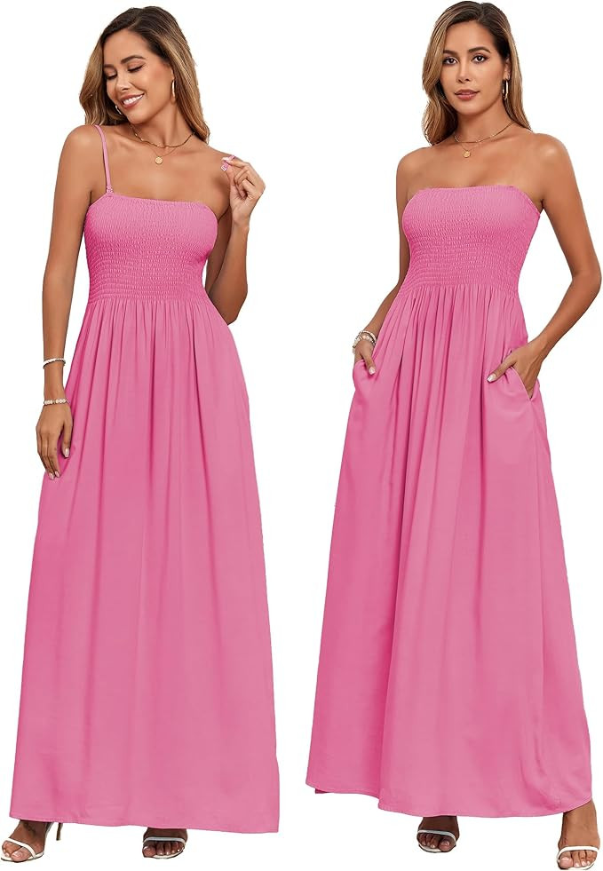 Aigeman Women Detachable Strap Dress Strapless Smocked Bodice Maxi Dress Pockets Long Swing Flowy... | Amazon (US)