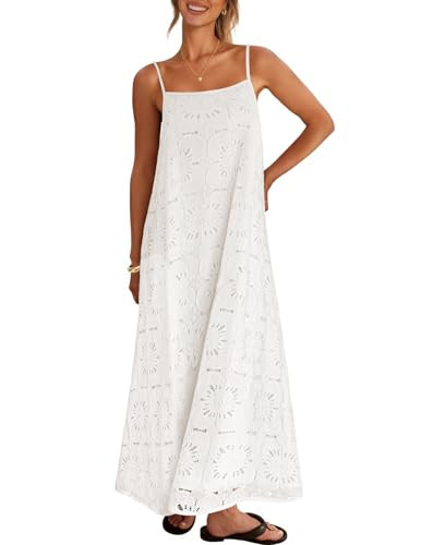 MEROKEETY Women's Summer Spaghetti Straps Sundress 2026 Casual Sleeveless Floral Lace Eyelet Boho Beach Maxi Dress, White, Medium | Amazon (US)
