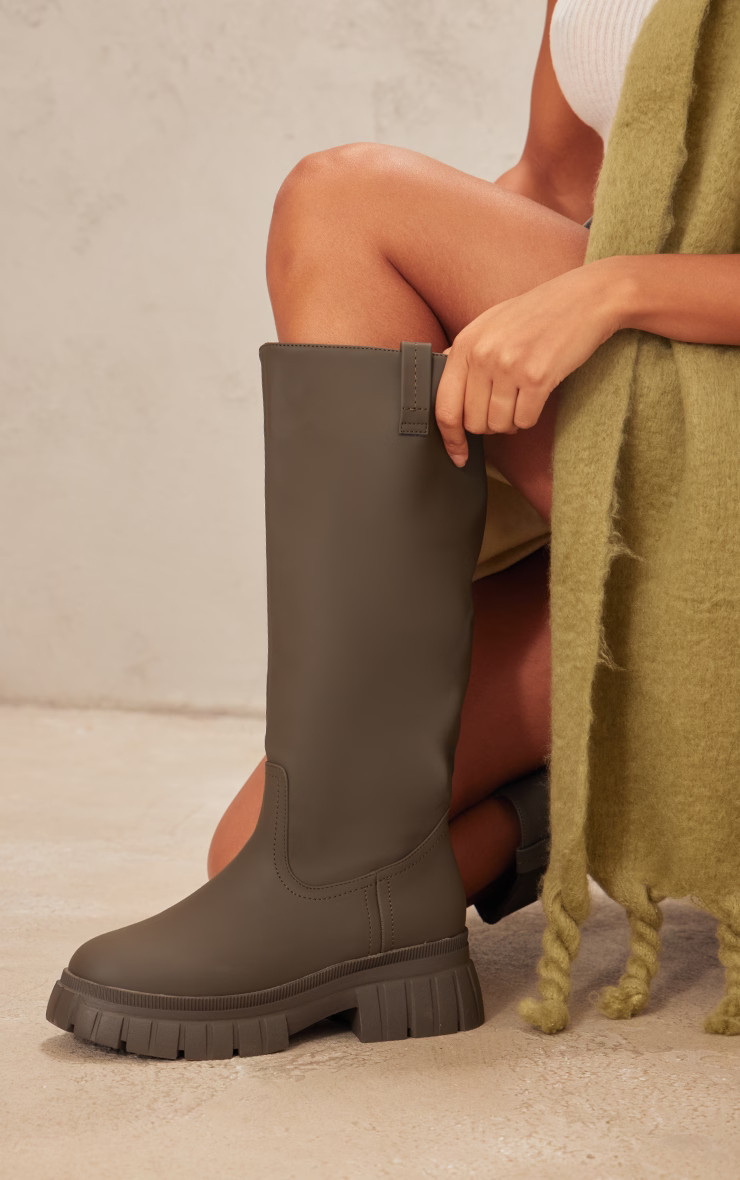 Khaki Wide Fit Pu Slip On Knee High Boots | PrettyLittleThing US