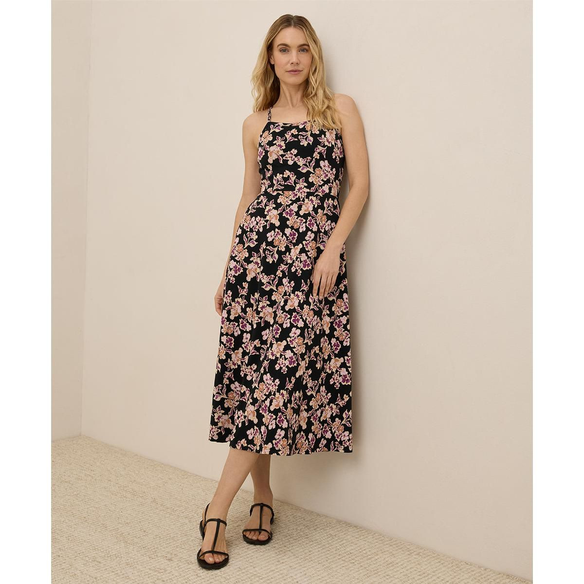 Pact Women's Organic Cotton Fit & Flare Midi Dress Short Scattered Posies Black Medium Short | Target