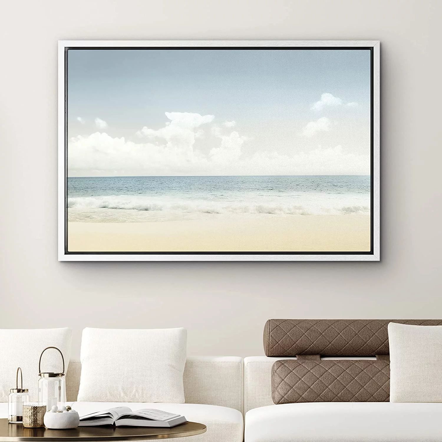 PixonSign Framed Canvas Print Wall Art Washed Out Beach Horizon and Clouds Nature Ocean Photograp... | Walmart (US)