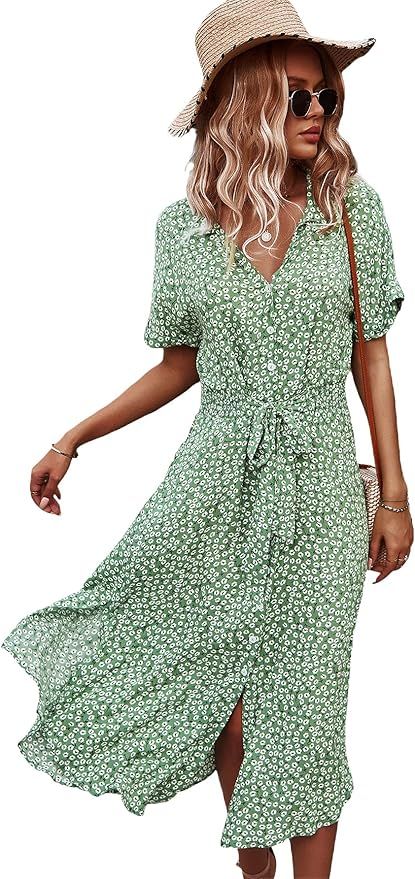 SOLY HUX Womens Summer Dress Casual Ditsy Floral Tie Front Button Up Boho Midi Tshirt Dresses | Amazon (US)