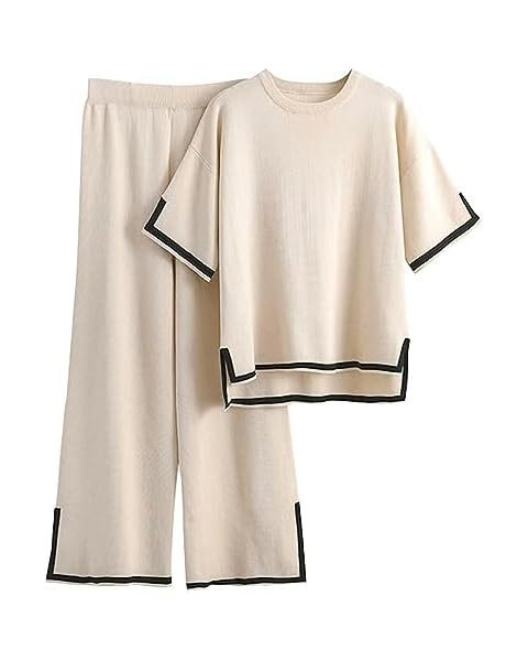 Tanming Sweater Sets Women 2 Piece Lounge Sets Short Sleeve Knit Pullover Tops Wide Leg Pants | Amazon (US)