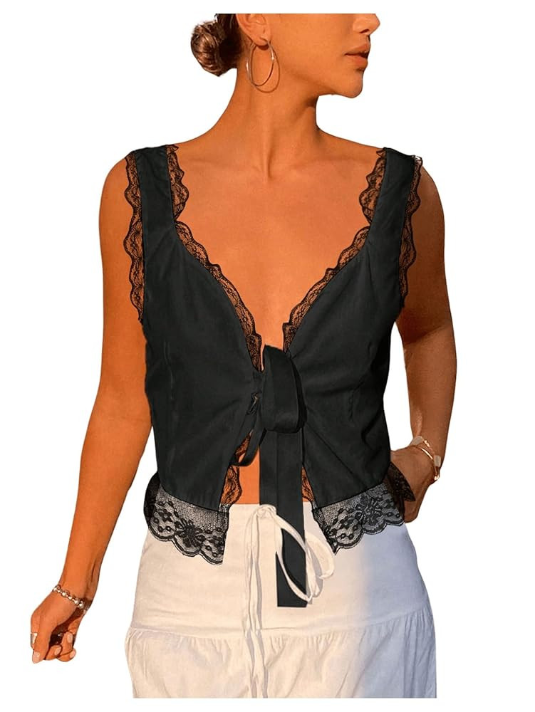 SOLY HUX Women's Y2k Lace Trim Open Tie Front Tank Top V Neck Sleeveless Tops | Amazon (US)