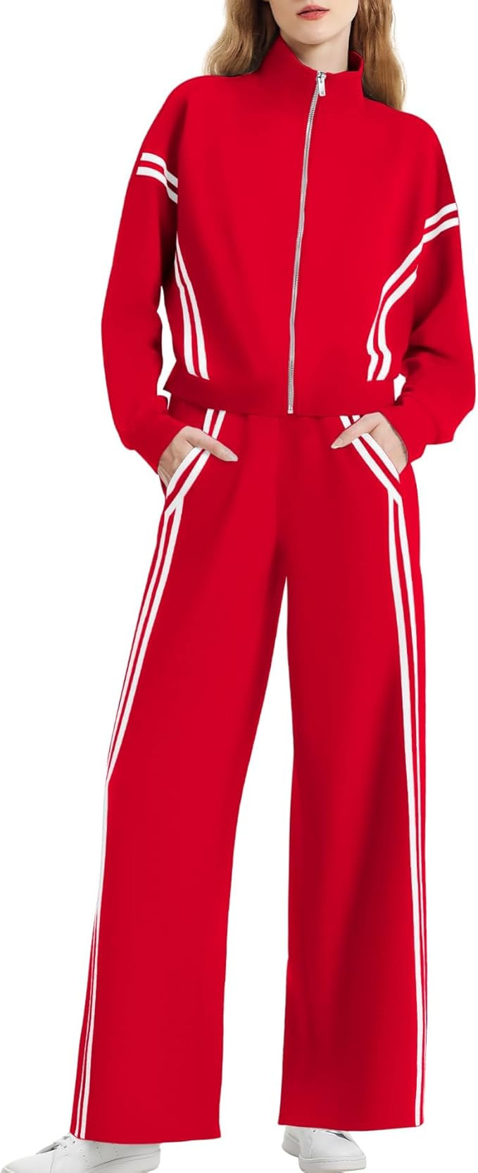 Women's 2 Piece Outfits Zip Up Sweatshirt Contrast Striped Wide Leg Sweatpants Suits Jogger Trave... | Amazon (US)