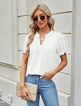 Blooming Jelly Womens Puff Sleeve Summer Tops Chiffon Short Sleeve Blouses White V Neck Pom Pom S... | Amazon (US)