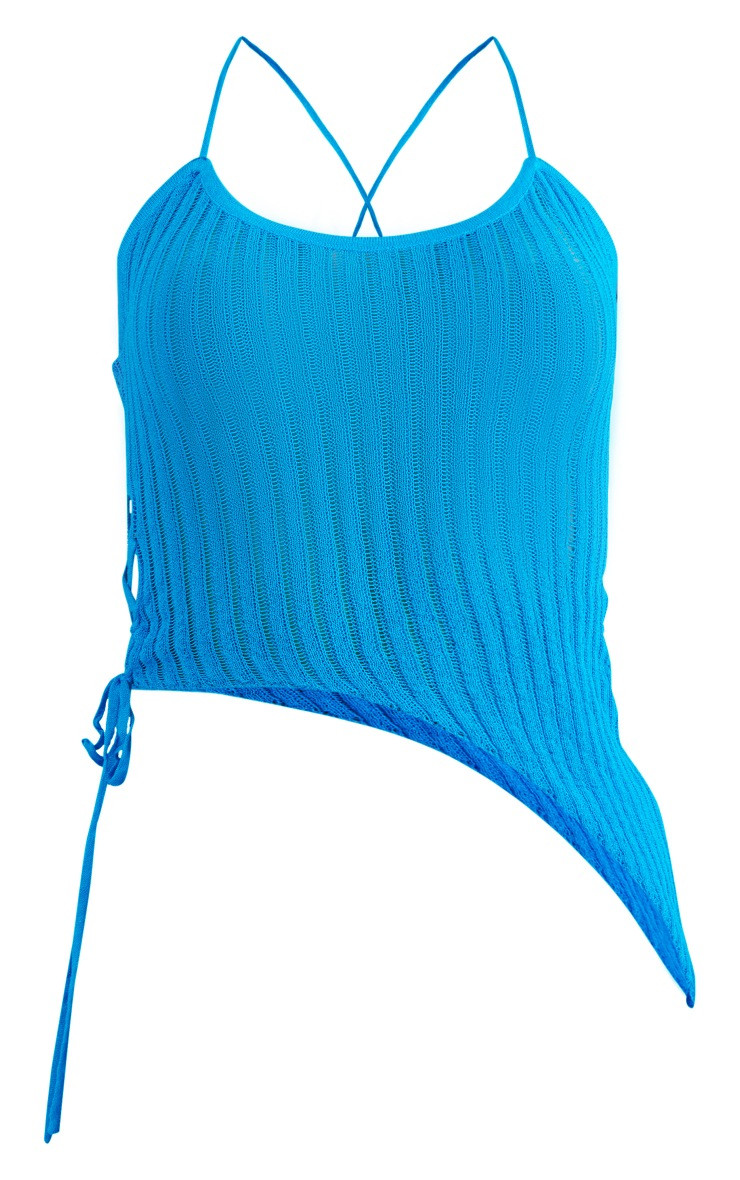 Bright Blue Sheer Knit Asymmetric Hem Lace Up Top | PrettyLittleThing US