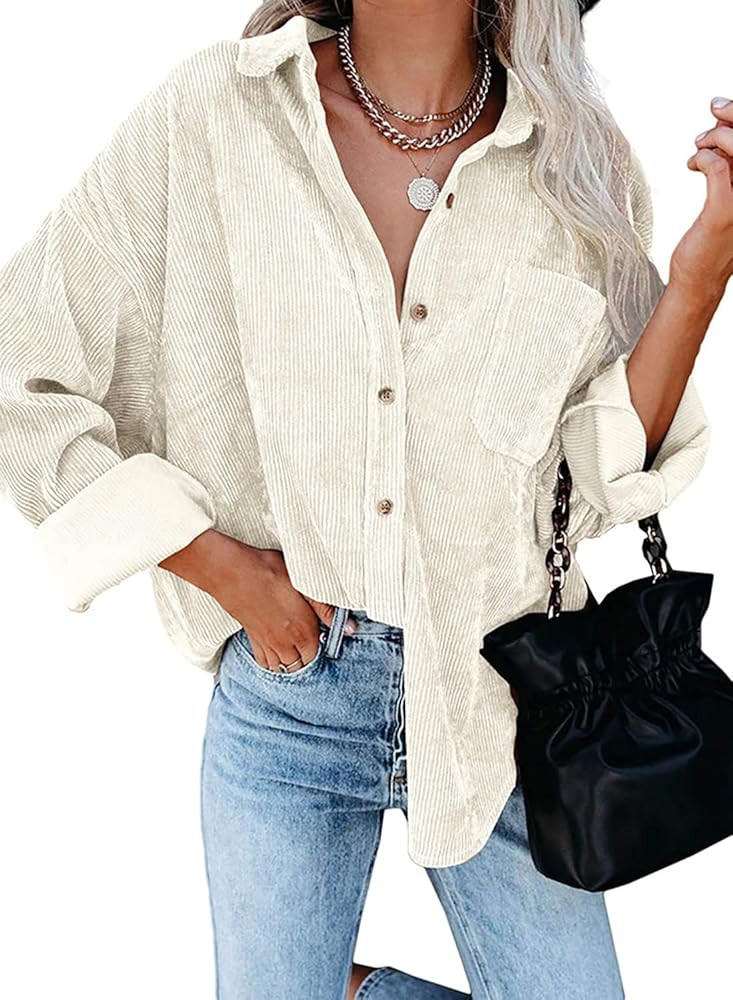 Meceku Women's Corduroy Shirt Long Sleeve Button Down Blouse Casual Oversized Jacket with Pocket | Amazon (US)