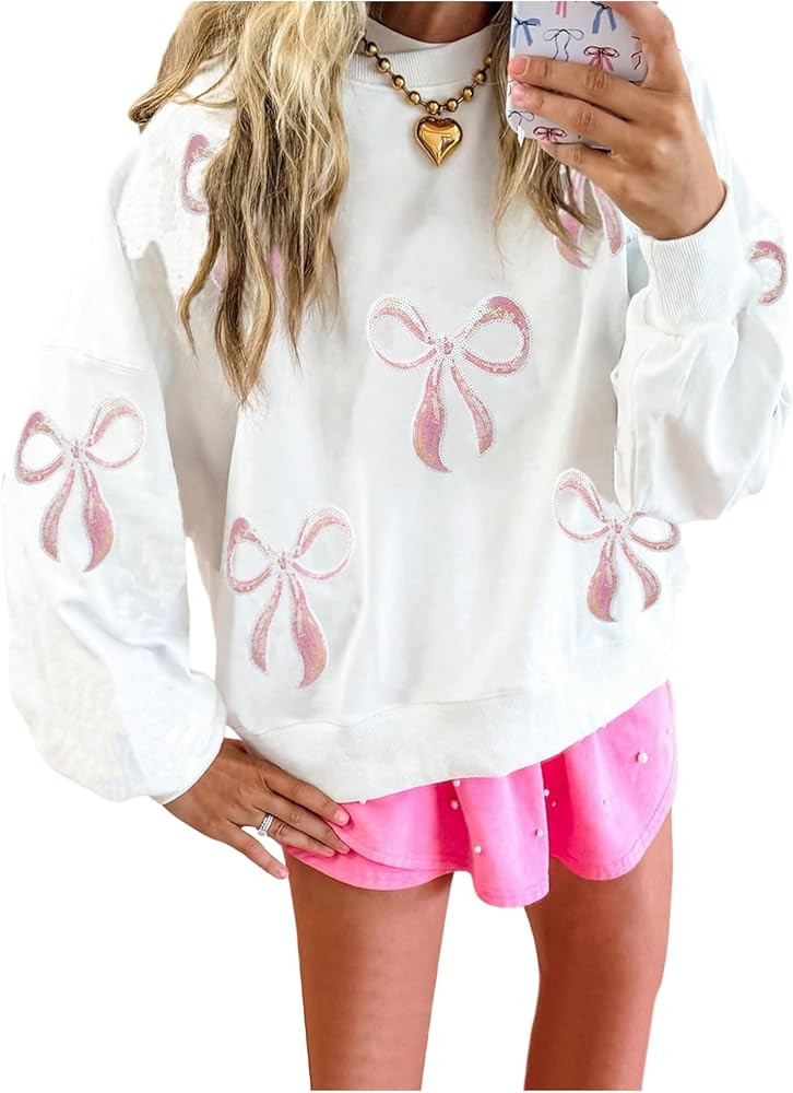 WDIRARA Women's Sequin Bow Sweatshirt Crew Neck Long Sleeve Pullover Top | Amazon (US)