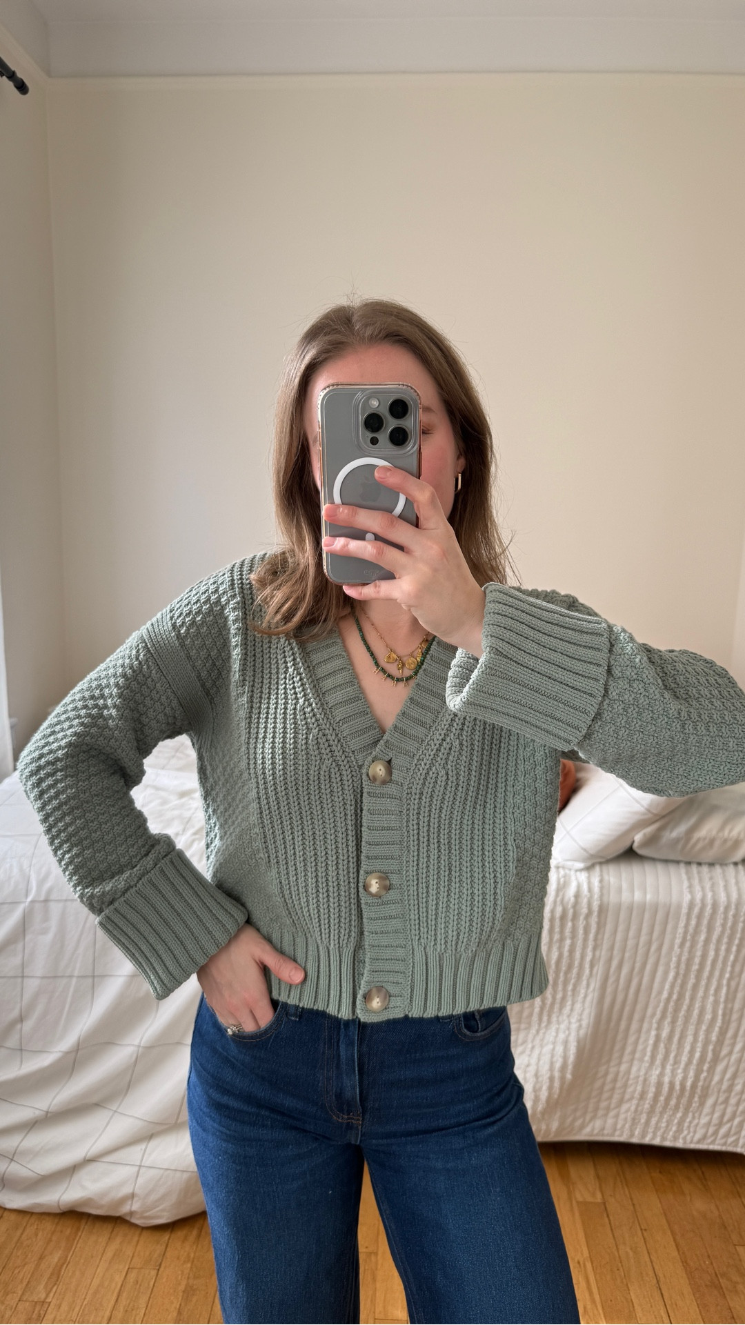 The cutest sage green cardigan for a January brighten up. On sale! Wearing xs 
Jeans are 28 inseam size 25 (true to size) I’m 5ft 2 117 lbs usually 0-2 in jeans 

#LTKPetite #LTKSaleAlert