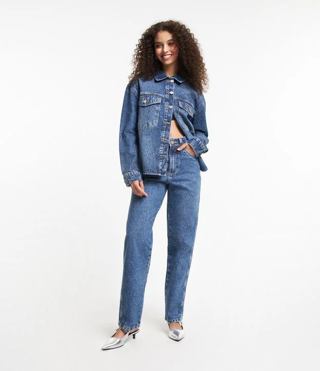 Calça Reta em Jeans com Brilhos Aplicados Azul | Renner (BR)