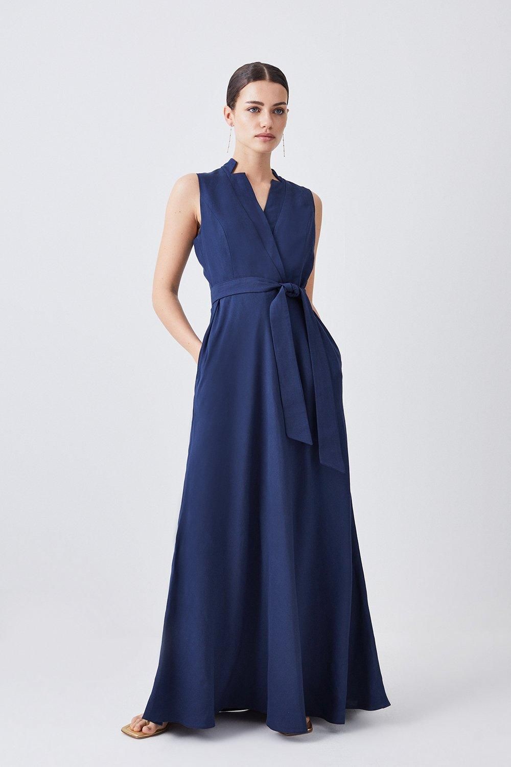 Petite Linen Wrap Tie Waisted Midi Dress | Karen Millen UK + IE + DE + NL