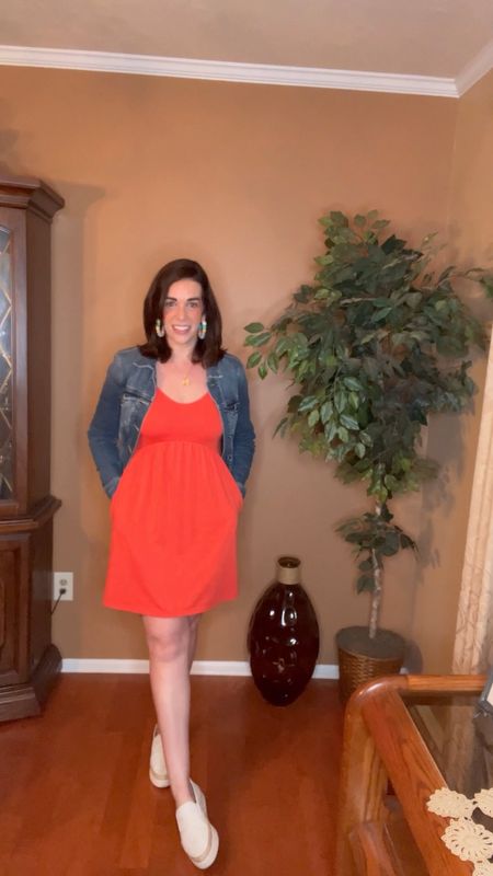 Summer Dress - Orange mini swing dress (size small). Denim jacket (size small). White espadrilles (size 8.5). #dress #dresses #summerdress #swingdress #denimjacket #jeanjacket #jacket #espadrilles 

#LTKStyleTip #LTKFindsUnder100 #LTKSeasonal