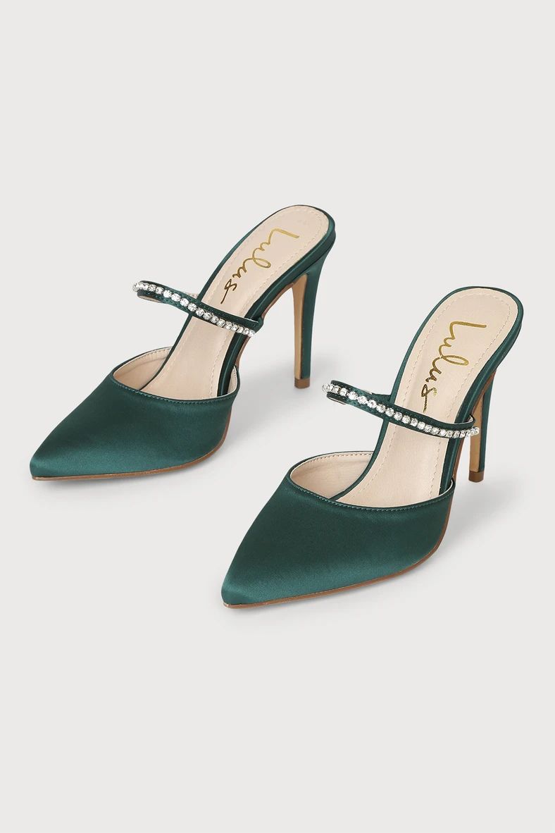 Phyly Emerald Green Satin Rhinestone Pointed-Toe Mule Pumps | Lulus (US)