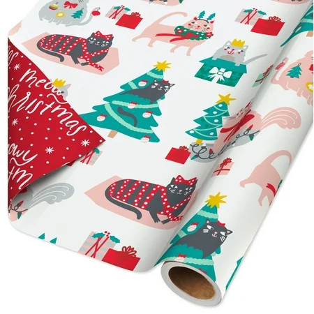 American Greetings Reversible Christmas Wrapping Paper, Cats and Merry Christmas Lettering (1 Roll, 175 sq. ft.) | Walmart (US)
