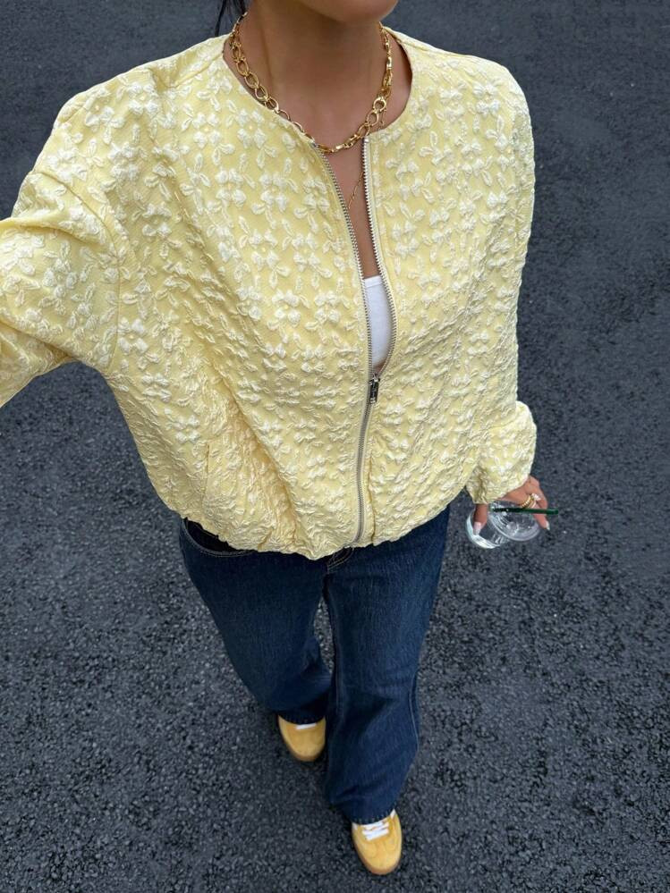 Muchica Autumn Butter Yellow Jacquard Loose Cropped Jacket, Crew Neck | SHEIN