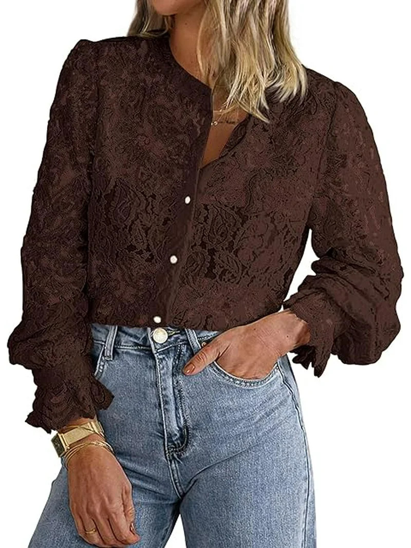 PRETTYGARDEN Women's Dressy Casual Lace Blouse Long Sleeve Button Up Shirts Tops Spring Fall Fash... | Walmart (US)