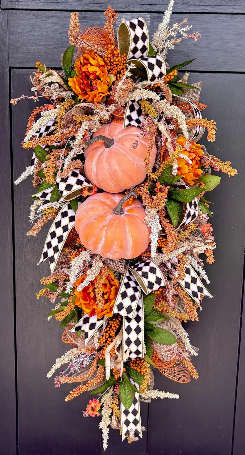 Luxury Fall Pumpkin Teardrop Swag | Elegant Autumn Front Door Decor | Designer Harlequin Ribbon |... | Etsy (Global)