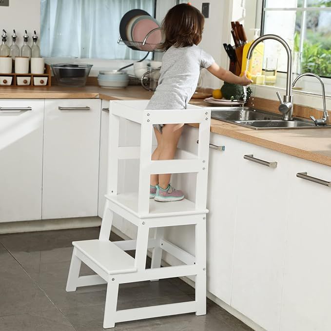 Kitchen Step Stool for Kids and Toddlers with Safety Rail Children Montessori Standing Tower for ... | Amazon (US)