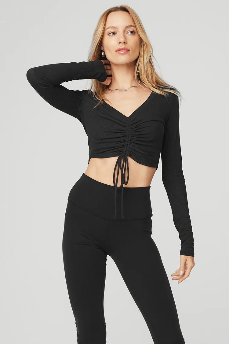 Ribbed Cinch Cropped Long Sleeve - Black | Alo Yoga (US)