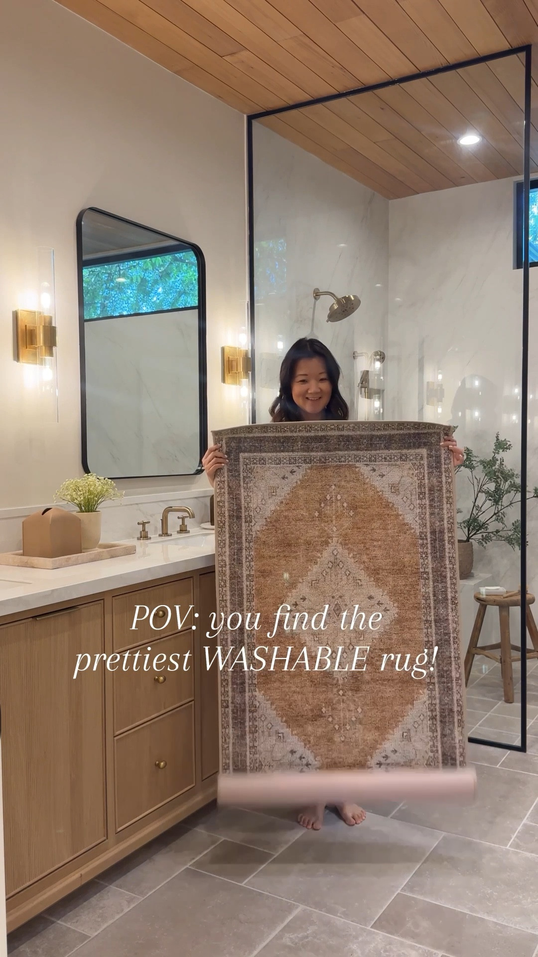 Ahhhh this runner is FINALLY back in stock. I think it’s been out of stock for over a year! Love the pattern and soft tones and it’s sooooo soft. Can’t believe it’s under $50 on sale until Monday 6/16! 

Wood vanity scallop rug runner, scallop, brass faucet, plumbing, brass hardware, black rectangular mirror, glass panel gray tile brass sconces Wayfair pink flowers Amazon 

#LTKFindsUnder100 #LTKSaleAlert #LTKHome