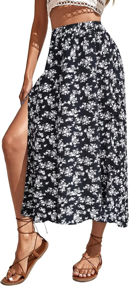 Avanova Women's Leopard Print Skirt Elastic High Waist Side Split Summer Beach Sexy Midi Skirt | Amazon (US)