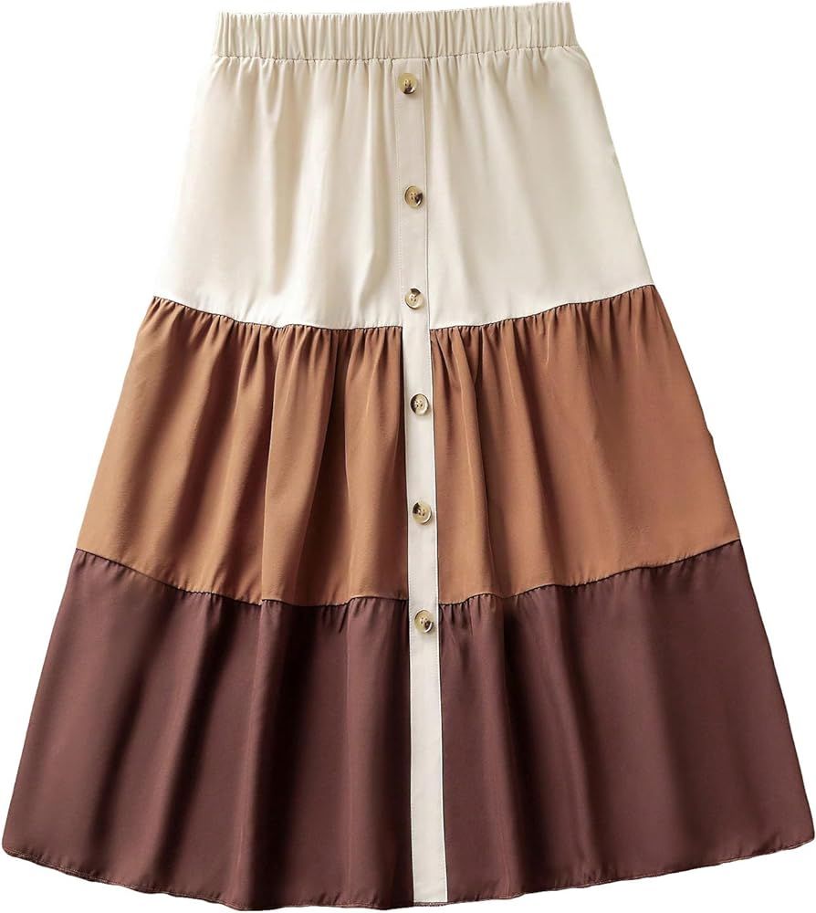 Verdusa Women's Plus Size Colorblock Button Front Elastic Waist A Line Ruffle Midi Skirt | Amazon (US)