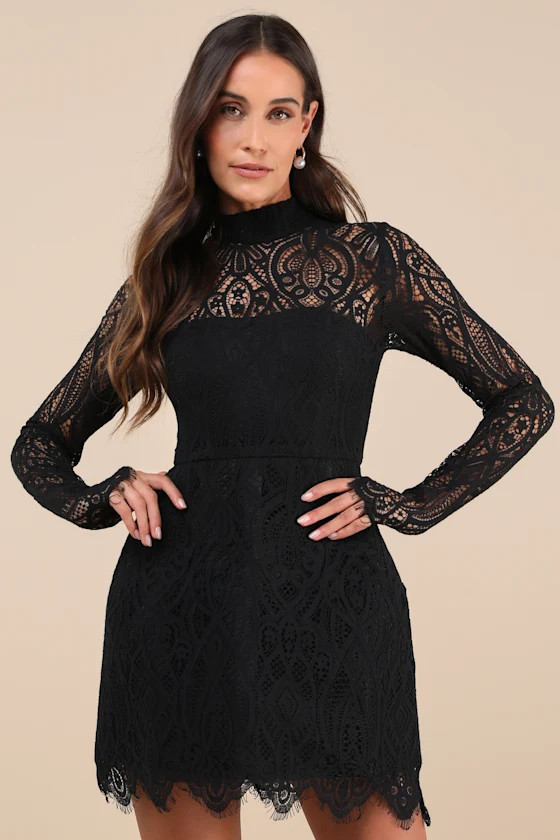 Gorgeous Attraction Black Lace Structured Long Sleeve Mini Dress | Lulus