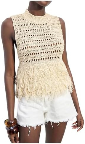 MakeMeChic Women's Crochet Tank Top Fringe Hem Mock Neck Sleeveless Summer Boho Knit Tops | Amazon (US)