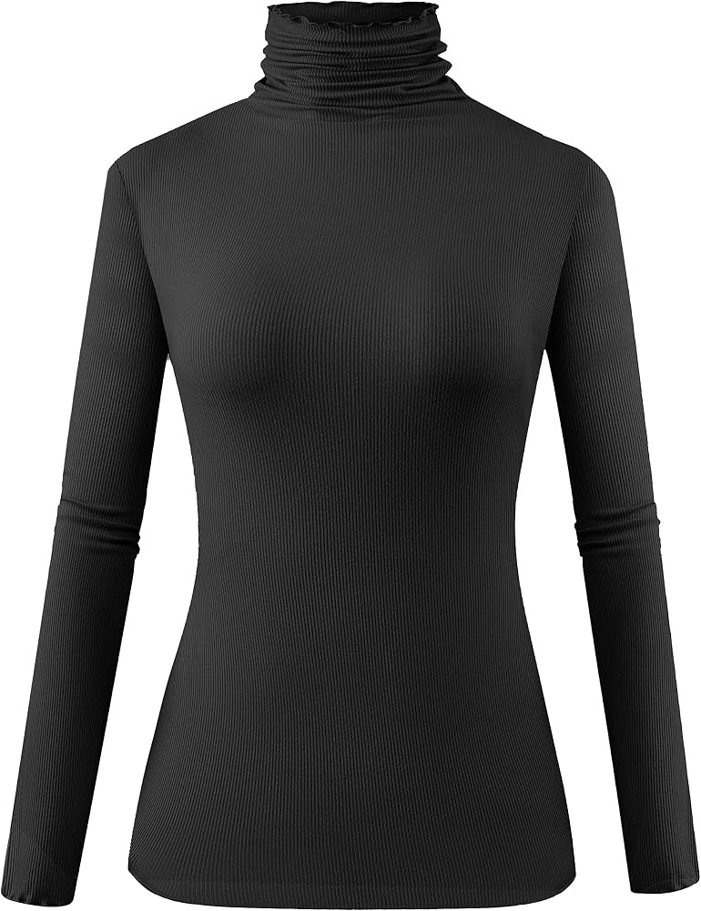 Womens Black Long Sleeve Turtleneck Lightweight T-Shirt Ribbed Shirt Basic Layer Tops Black Large... | Amazon (US)