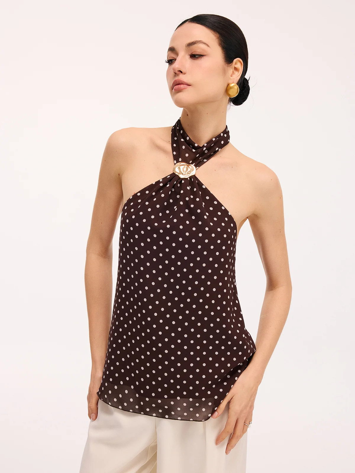 Metal Detail Backless Polka Dot Halter Top | Commense