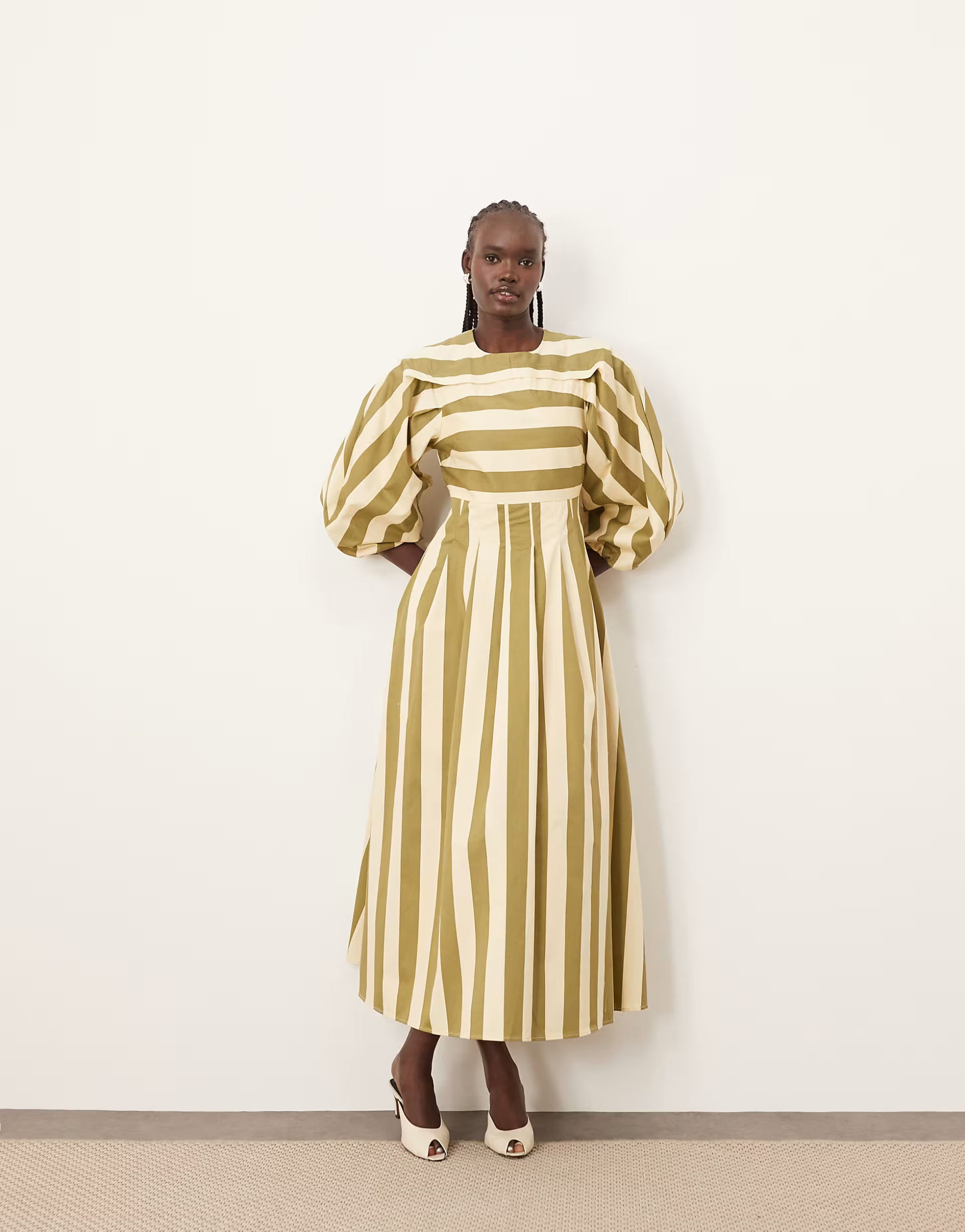 ARRANGE full midi dress with pleat detail in olive stripe | ASOS (Global)