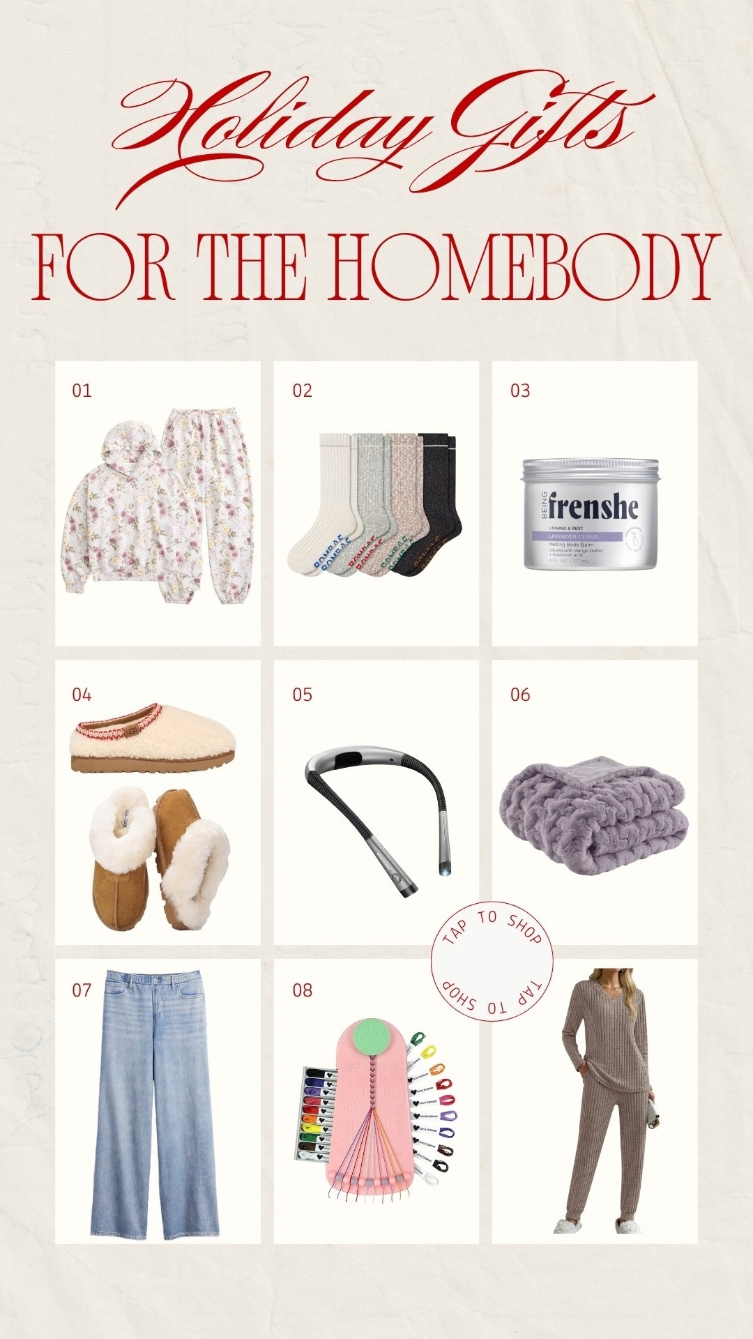 Gift ideas for the friend whose bed is their happy place: 
1. Abercrombie & Fitch sweat set that she can wear out of the house when she has to
2. Cozy Bambas socks she won’t want to take off
3. Frenshe melting body butter that feels and smells DEVINE
4. Splurge or spend cozy slipper ideas: Uggs/amazing Amazon dupe with confirming reviews she’ll appreciate 
5. Book lamp for her late night reading sessions that won’t disturb her partner and or pet 
6. Cozy blanket for her beloved bed rotting sessions
7. Gap sweatpant jeans. Look like jeans, feel like sweats. She might cry. 
8. Friendship bracelet kit: a gift that leads to future gifts for you. Smart 
9. Cozy and affordable jammies she can put on the second she gets home 

#LTKGiftGuide #LTKselfcare #LTKFindsUnder50