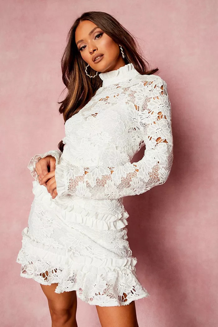 Lace High Neck Long Sleeve Tiered Mini Dress | boohoo (US & Canada)