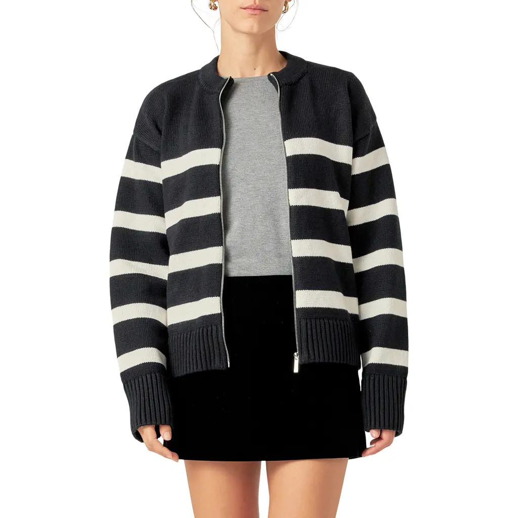 English Factory Stripe Zip-Up Cardigan in Black/Ivory at Nordstrom, Size Small | Nordstrom