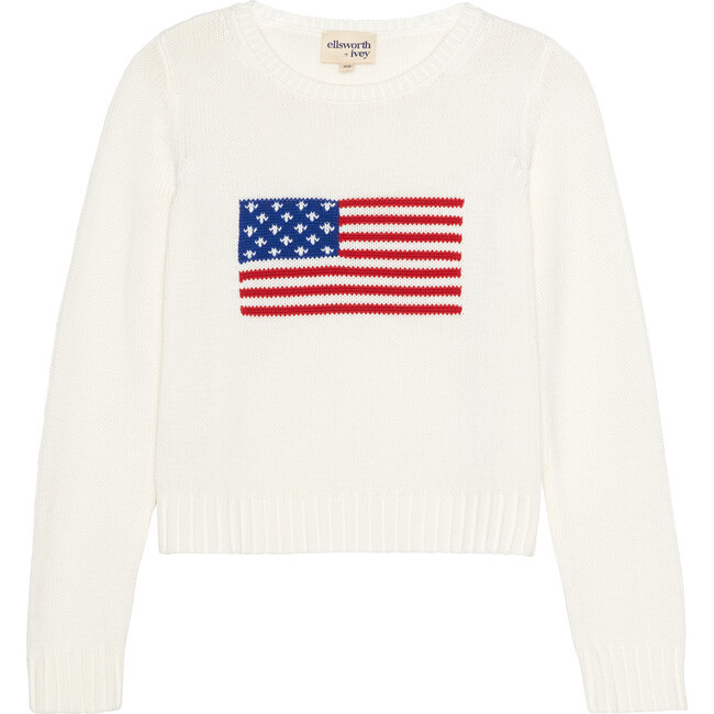 Women's American Flag Cropped Crewneck Sweater, Ivory | Maisonette