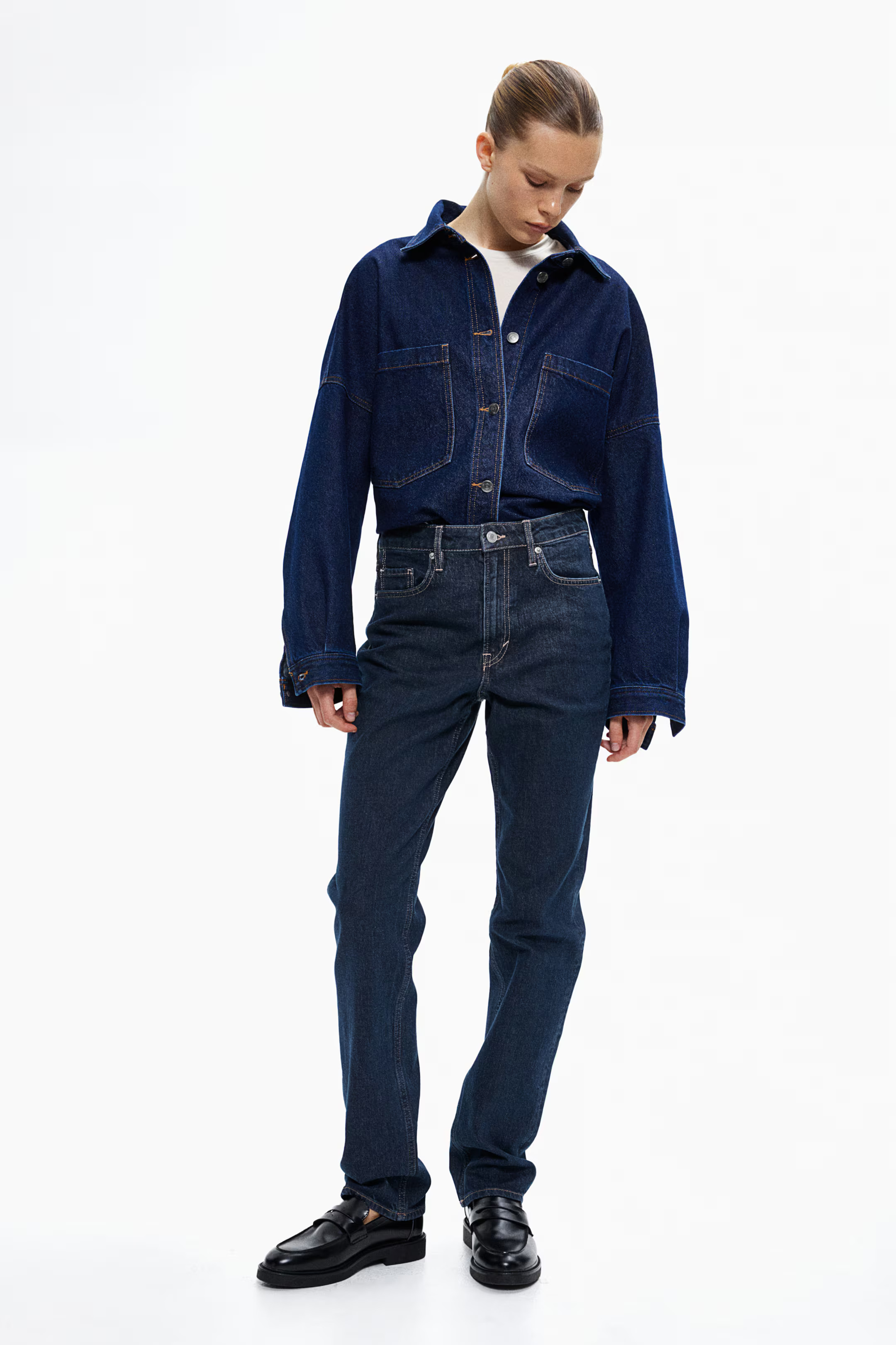 Slim Straight High Jeans - Dark denim blue - Ladies | H&M GB | H&M (UK, MY, IN, SG, PH, TW, HK)